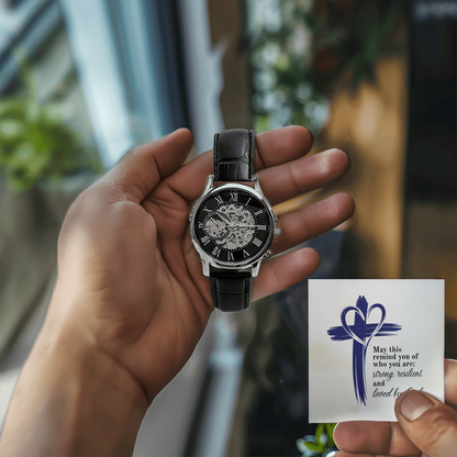Christian Openwork Skeleton Watch – “Strong, Resilient, Loved by God” | Luxury Faith Gift for Men, Husband, Dad, Son & Pastor