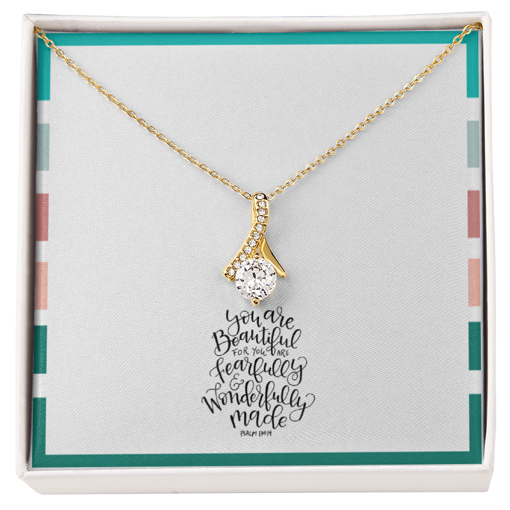 Psalm 139:14 Ribbon Pendant Necklace – “Fearfully & Wonderfully Made” Christian Gift for Women, Daughter, Mom, Encouragement Faith Jewelry