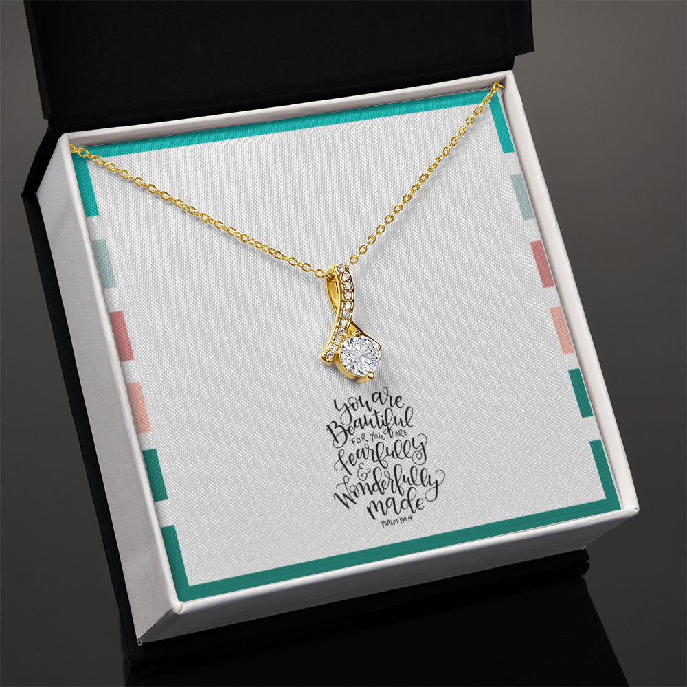 Psalm 139:14 Ribbon Pendant Necklace – “Fearfully & Wonderfully Made” Christian Gift for Women, Daughter, Mom, Encouragement Faith Jewelry