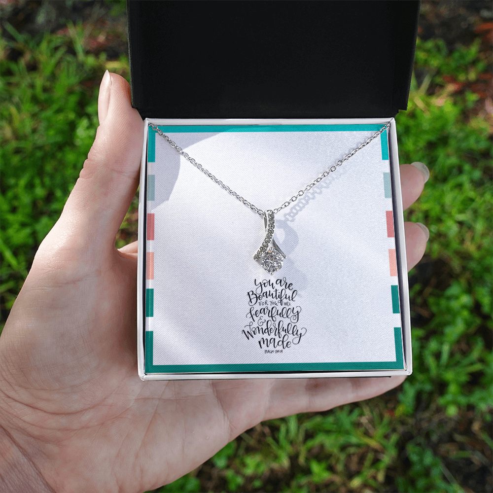 Psalm 139:14 Ribbon Pendant Necklace – “Fearfully & Wonderfully Made” Christian Gift for Women, Daughter, Mom, Encouragement Faith Jewelry