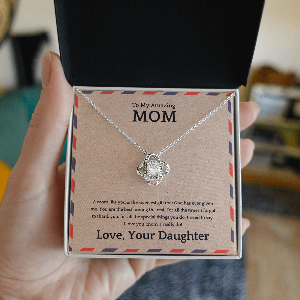 Love Knot Mom Necklace – “To My Amazing Mom” Message Card | Meaningful Gift From Daughter | Mother's Day, Birthday & Christmas Jewelry