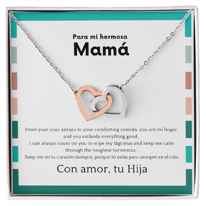 Interlocking hearts necklace for mom with Spanglish message card