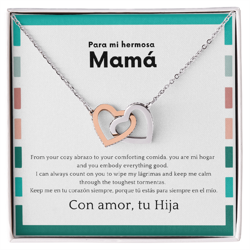 Interlocking hearts necklace for mom with Spanglish message card