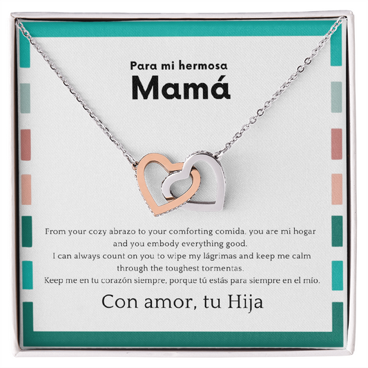 Interlocking hearts necklace for mom with Spanglish message card