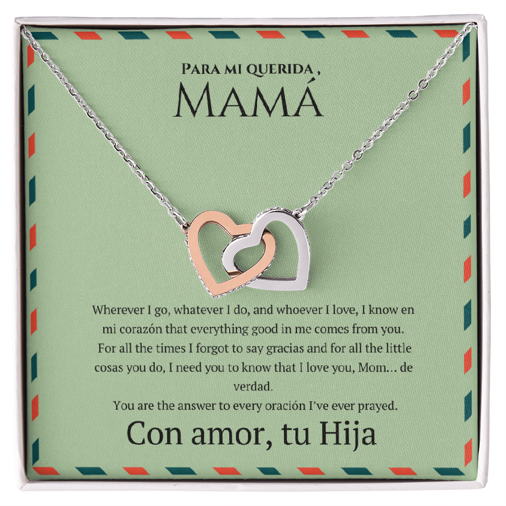 Interlocking Hearts Necklace for Mom – Spanglish “Para mi querida, Mamá” Message Card | Latina Mother's Gift From Daughter | Mother's Day, Birthday & Christmas Jewelry