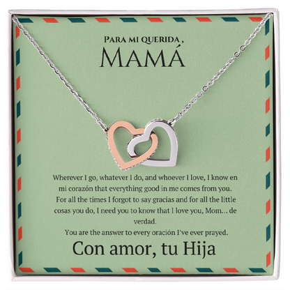 Interlocking Hearts Necklace for Mom – Spanglish “Para mi querida, Mamá” Message Card | Latina Mother's Gift From Daughter | Mother's Day, Birthday & Christmas Jewelry