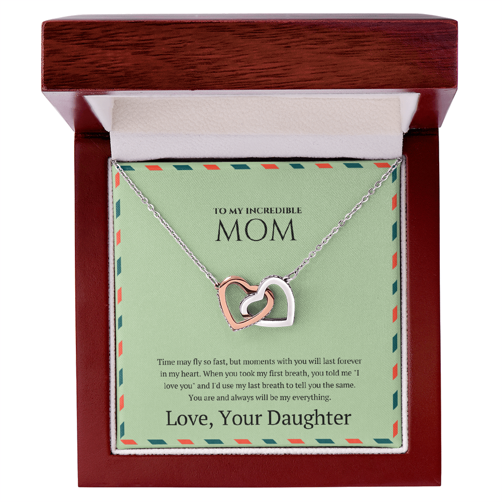 Gift boxed interlocking hearts necklace for mom from daughter