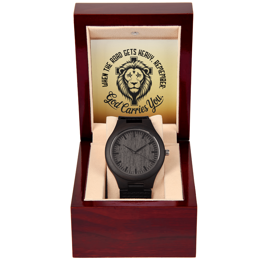 Christian Wooden Watch – “God Carries You” Lion & Cross Design | Faith Gift for Men, Husband, Dad