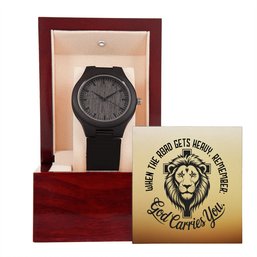 Christian Wooden Watch – “God Carries You” Lion & Cross Design | Faith Gift for Men, Husband, Dad