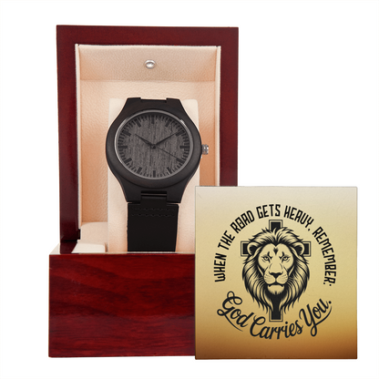 Christian Wooden Watch – “God Carries You” Lion & Cross Design | Faith Gift for Men, Husband, Dad