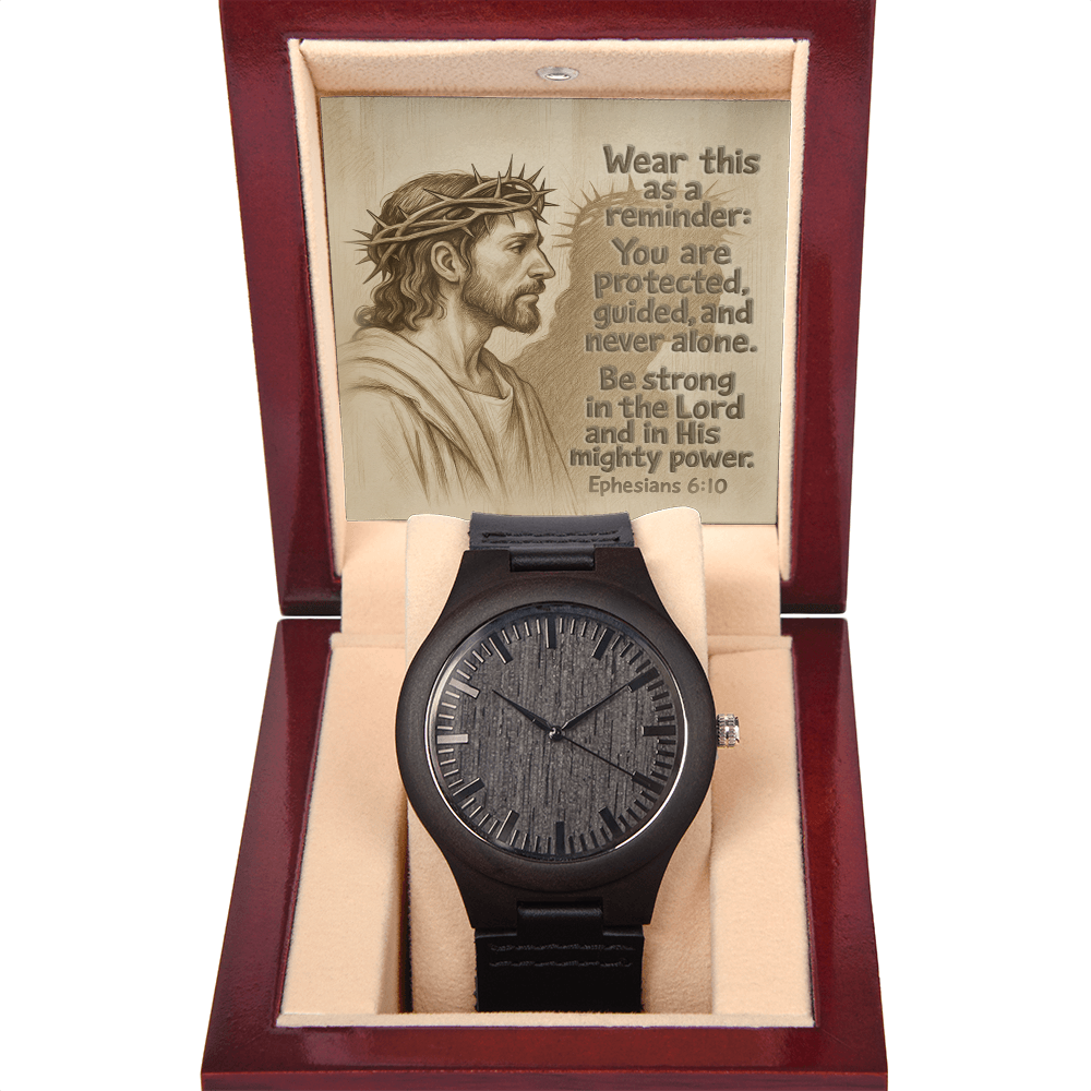 Faith & Strength Wooden Watch – “You Are Never Alone” (Ephesians 6:10) | Sandalwood Timepiece for Him