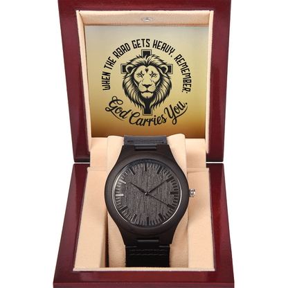 Christian Wooden Watch – “God Carries You” Lion & Cross Design | Faith Gift for Men, Husband, Dad