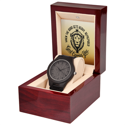 Christian Wooden Watch – “God Carries You” Lion & Cross Design | Faith Gift for Men, Husband, Dad