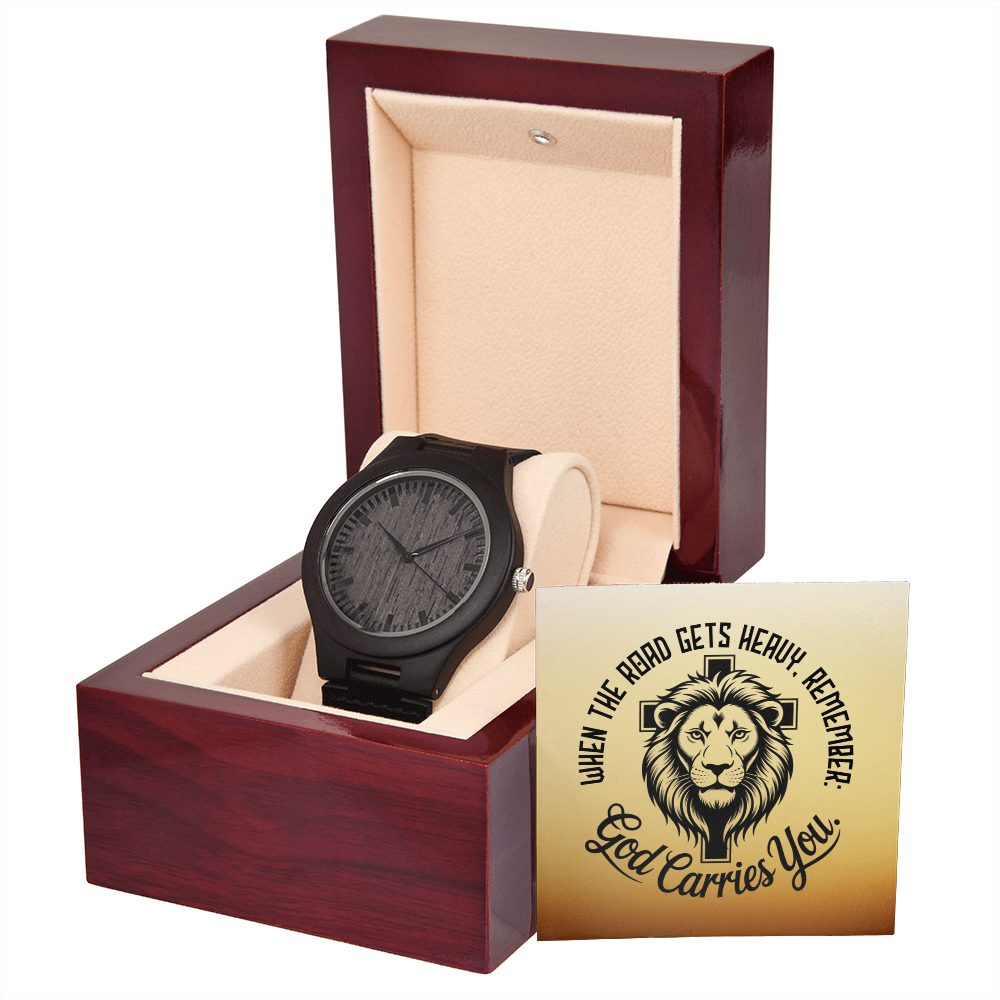 Christian Wooden Watch – “God Carries You” Lion & Cross Design | Faith Gift for Men, Husband, Dad