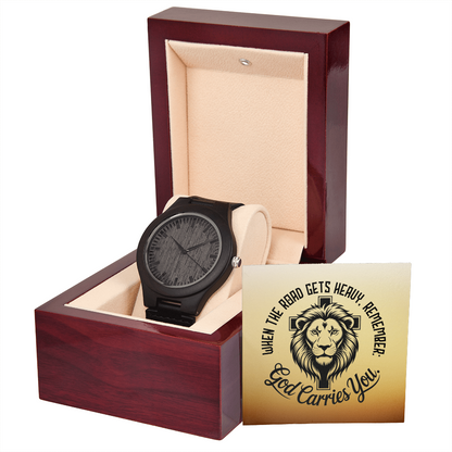 Christian Wooden Watch – “God Carries You” Lion & Cross Design | Faith Gift for Men, Husband, Dad