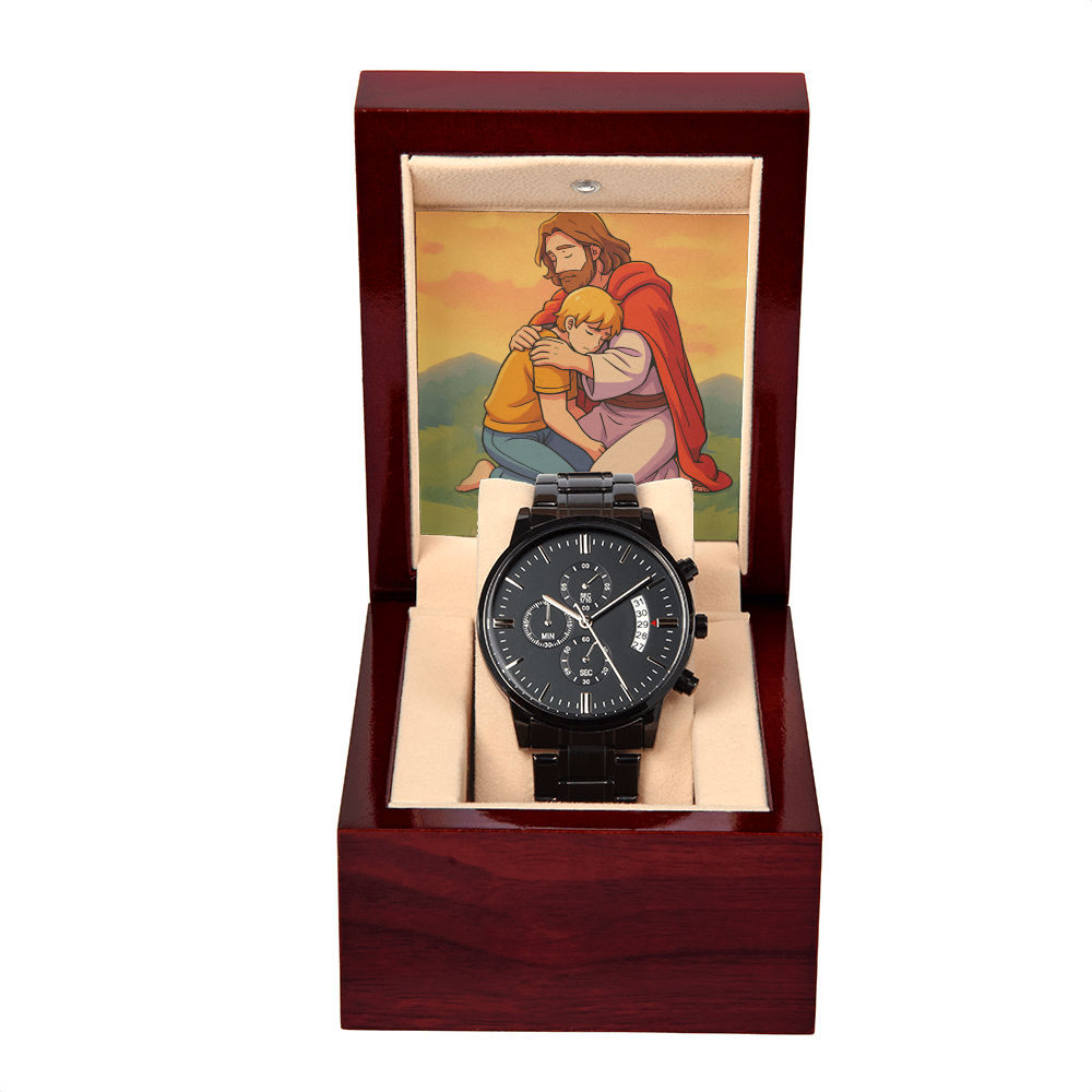 Held by Jesus: Black Chronograph Watch – Christian Men's Anxiety Support Timepiece | Faith Reminder of Strength, Peace & Protection