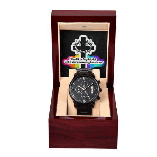 Christian Black Chronograph Watch – “Stand Firm, Stay Faithful” | Faith Gift for Men, Dad, Husband, Pastor, Graduation & Father's Day