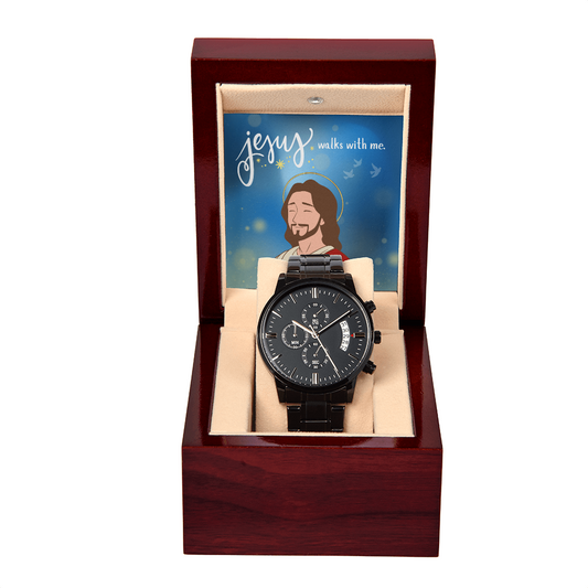 Christian Black Chronograph Watch – “Jesus Walks With Me” | Faith Gift for Men, Husband, Dad, Son, Groomsmen & Father's Day