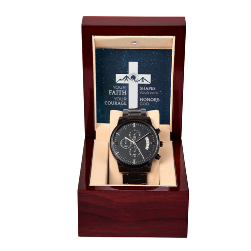 Christian Black Chronograph Watch – “Your Faith Shapes Your Path” | Motivational Faith Gift for Men, Husband, Dad, Son & Pastor