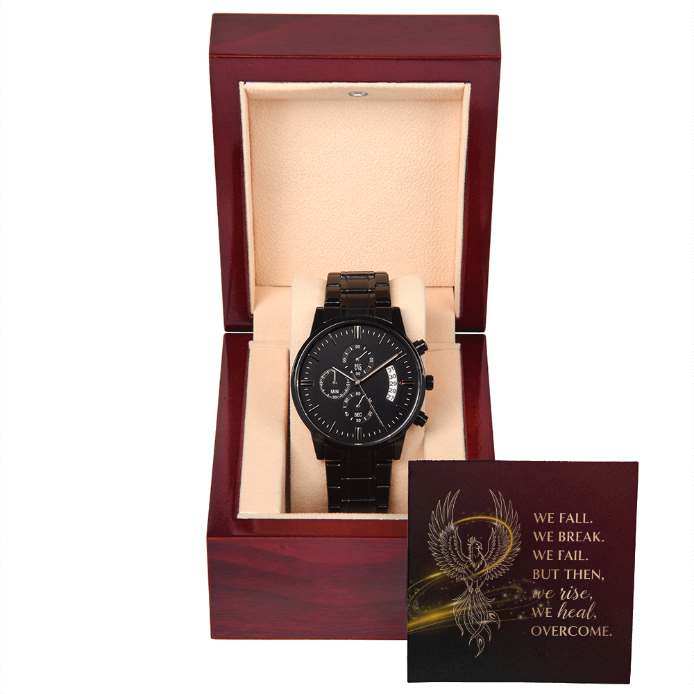 Men’s motivational phoenix watch with black stainless steel band