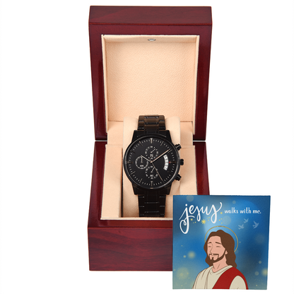 Christian Black Chronograph Watch – “Jesus Walks With Me” | Faith Gift for Men, Husband, Dad, Son, Groomsmen & Father's Day