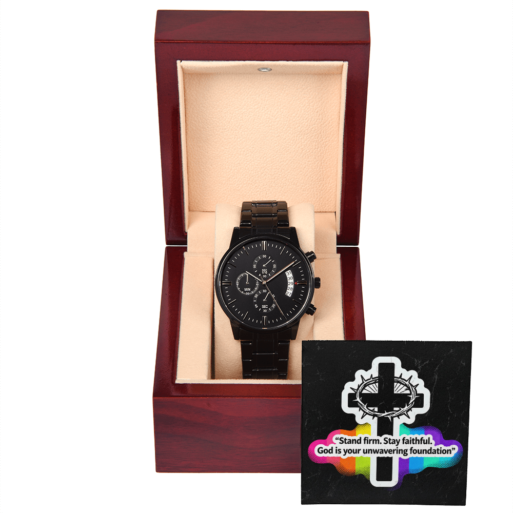 Christian Black Chronograph Watch – “Stand Firm, Stay Faithful” | Faith Gift for Men, Dad, Husband, Pastor, Graduation & Father's Day