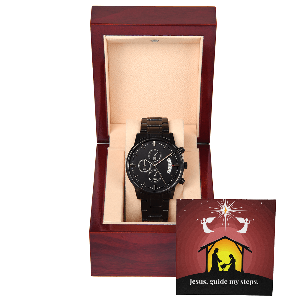 Christian Black Chronograph Watch – “Jesus, Guide My Steps” | Faith Gift for Men, Husband, Dad, Son, Groomsmen & Father's Day