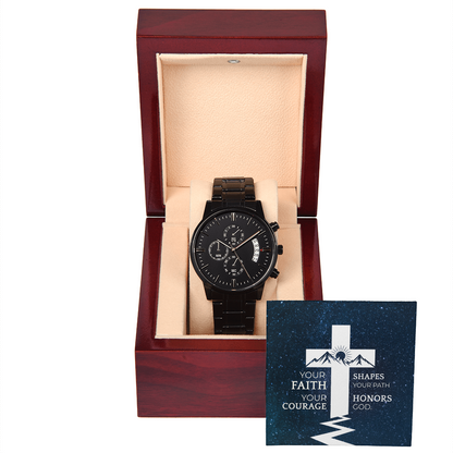 Christian Black Chronograph Watch – “Your Faith Shapes Your Path” | Motivational Faith Gift for Men, Husband, Dad, Son & Pastor