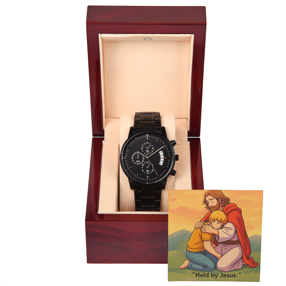 Held by Jesus: Black Chronograph Watch – Christian Men's Anxiety Support Timepiece | Faith Reminder of Strength, Peace & Protection