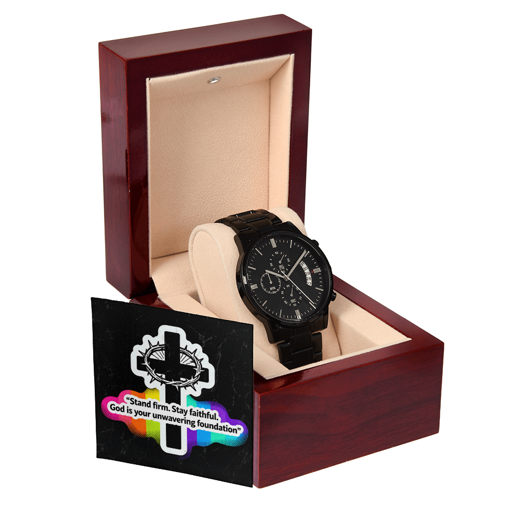 Christian Black Chronograph Watch – “Stand Firm, Stay Faithful” | Faith Gift for Men, Dad, Husband, Pastor, Graduation & Father's Day