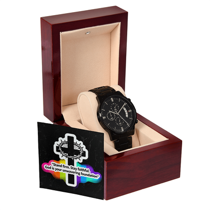 Christian Black Chronograph Watch – “Stand Firm, Stay Faithful” | Faith Gift for Men, Dad, Husband, Pastor, Graduation & Father's Day