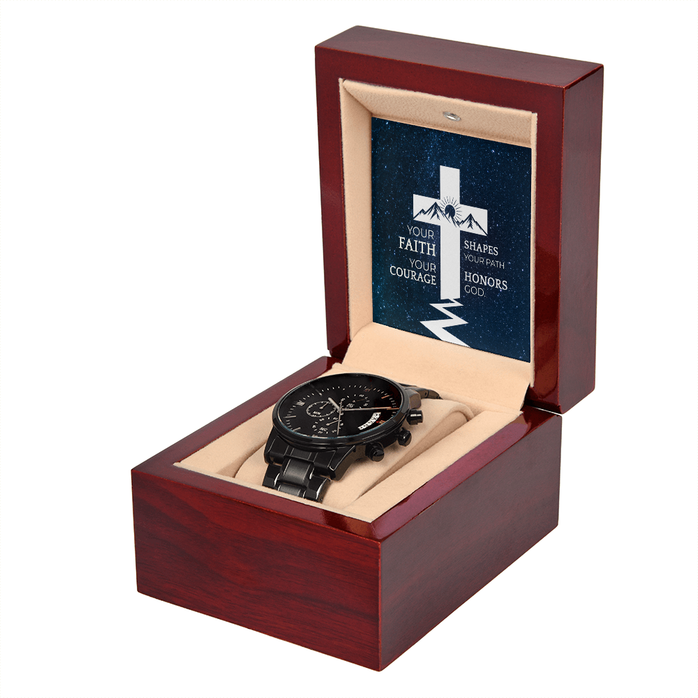 Christian Black Chronograph Watch – “Your Faith Shapes Your Path” | Motivational Faith Gift for Men, Husband, Dad, Son & Pastor