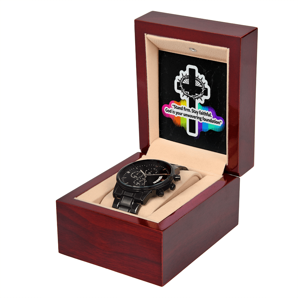 Christian Black Chronograph Watch – “Stand Firm, Stay Faithful” | Faith Gift for Men, Dad, Husband, Pastor, Graduation & Father's Day