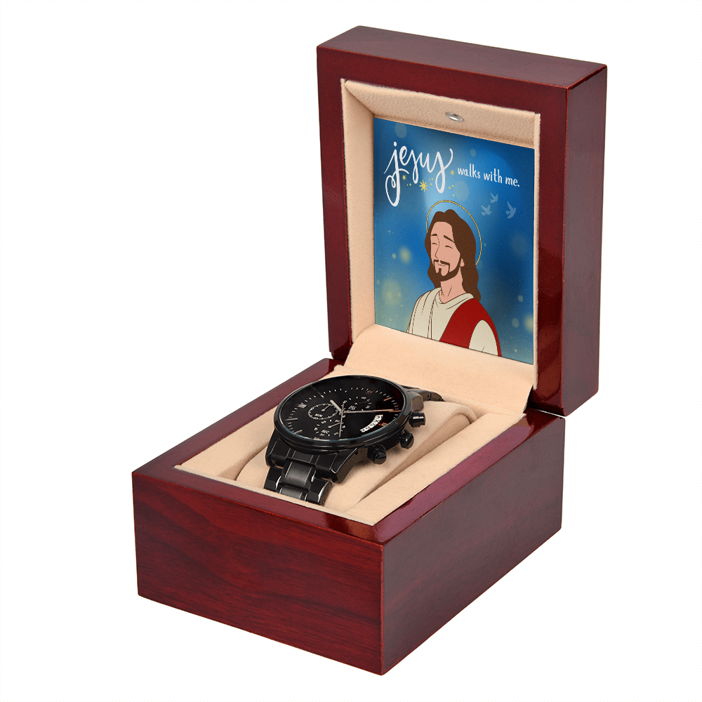 Christian Black Chronograph Watch – “Jesus Walks With Me” | Faith Gift for Men, Husband, Dad, Son, Groomsmen & Father's Day