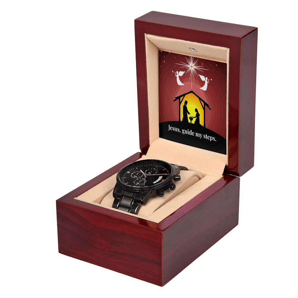 Christian Black Chronograph Watch – “Jesus, Guide My Steps” | Faith Gift for Men, Husband, Dad, Son, Groomsmen & Father's Day