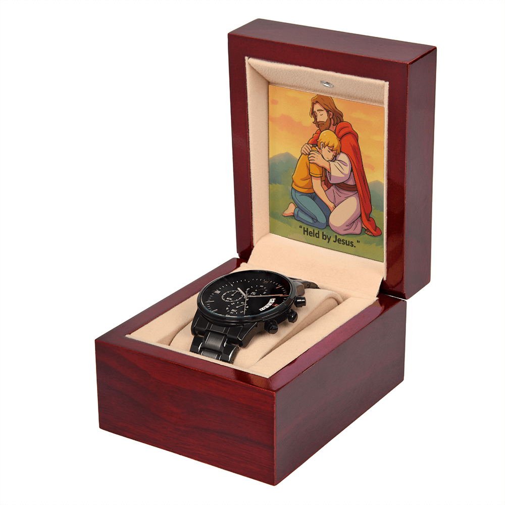 Held by Jesus: Black Chronograph Watch – Christian Men's Anxiety Support Timepiece | Faith Reminder of Strength, Peace & Protection