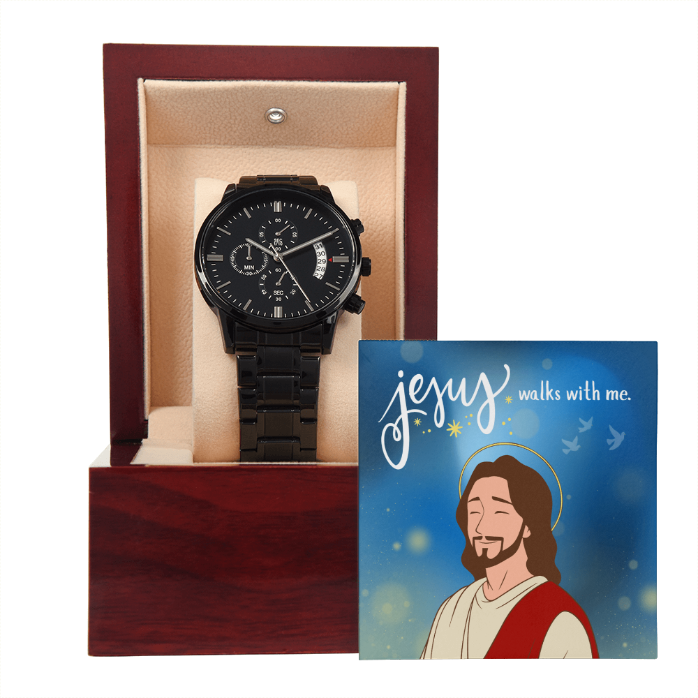 Christian Black Chronograph Watch – “Jesus Walks With Me” | Faith Gift for Men, Husband, Dad, Son, Groomsmen & Father's Day
