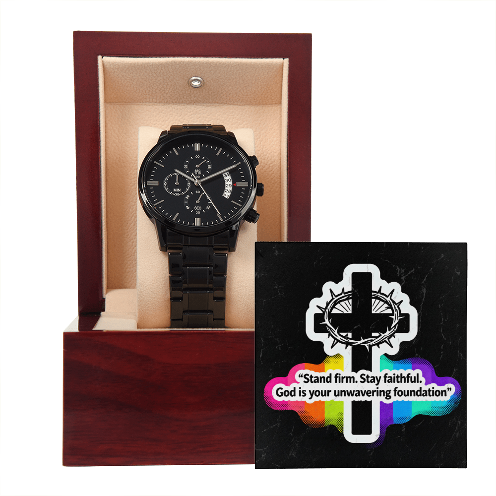 Christian Black Chronograph Watch – “Stand Firm, Stay Faithful” | Faith Gift for Men, Dad, Husband, Pastor, Graduation & Father's Day