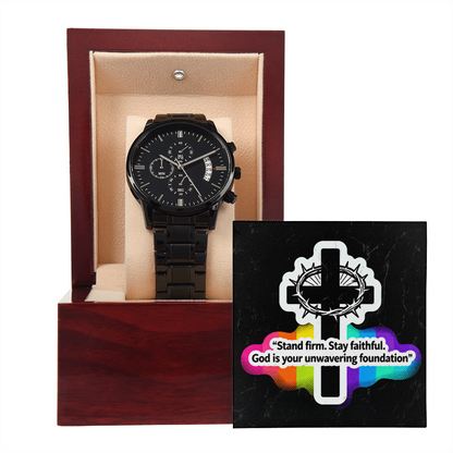 Christian Black Chronograph Watch – “Stand Firm, Stay Faithful” | Faith Gift for Men, Dad, Husband, Pastor, Graduation & Father's Day