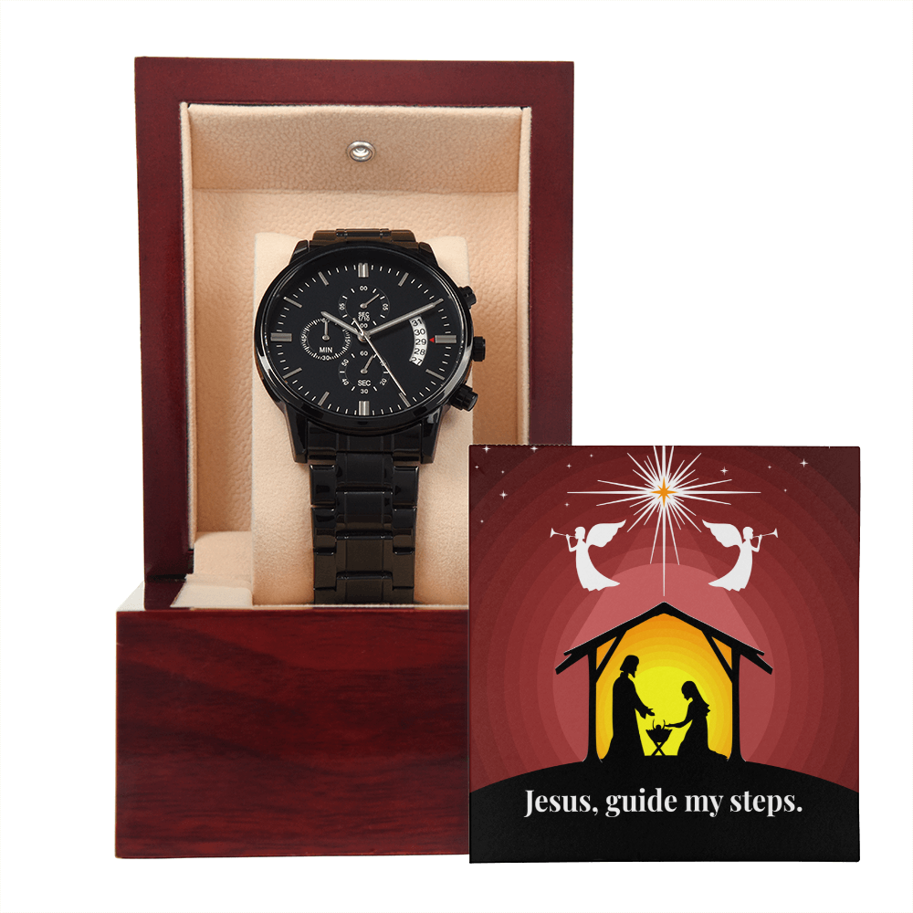 Christian Black Chronograph Watch – “Jesus, Guide My Steps” | Faith Gift for Men, Husband, Dad, Son, Groomsmen & Father's Day