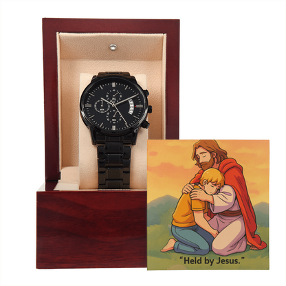Held by Jesus: Black Chronograph Watch – Christian Men's Anxiety Support Timepiece | Faith Reminder of Strength, Peace & Protection