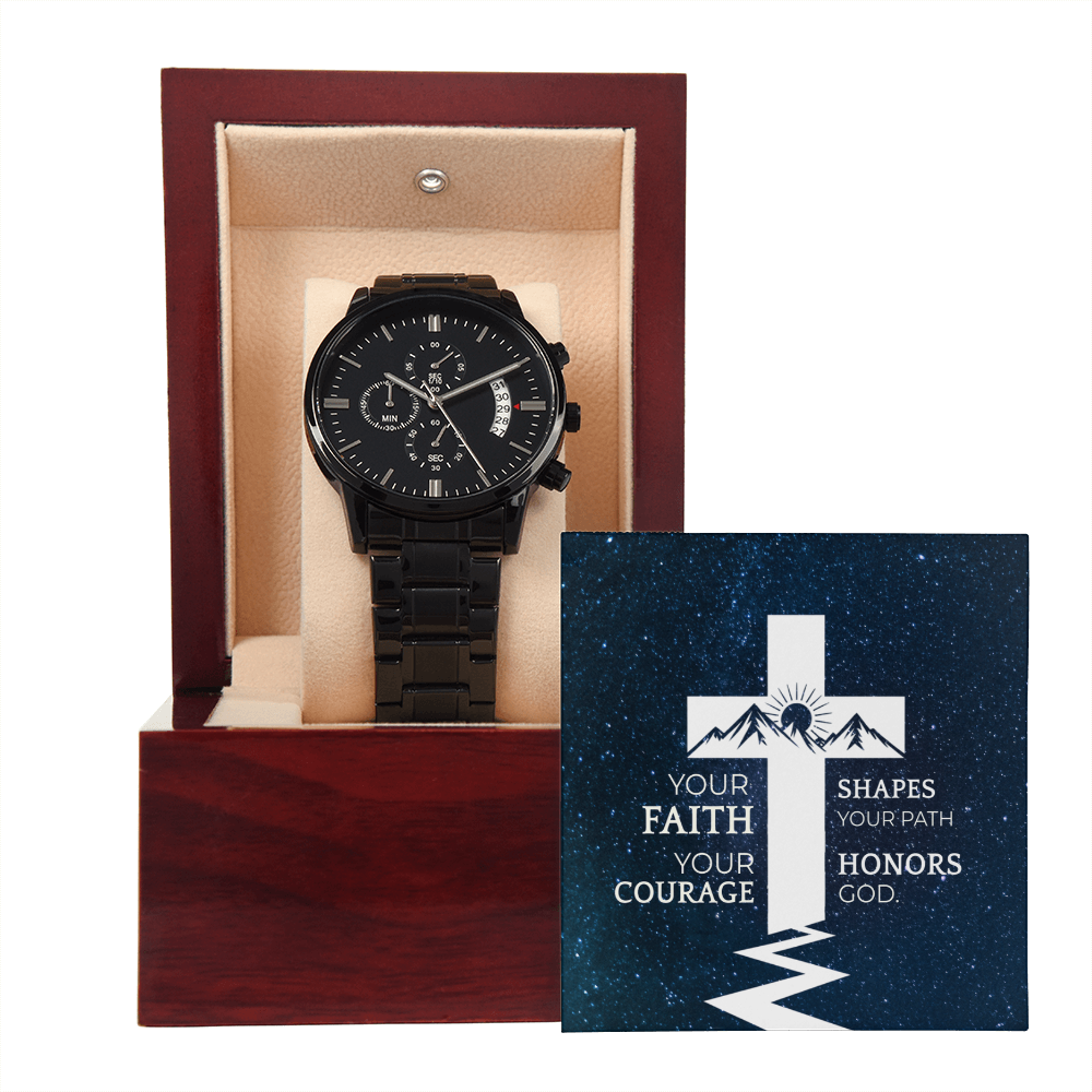 Christian Black Chronograph Watch – “Your Faith Shapes Your Path” | Motivational Faith Gift for Men, Husband, Dad, Son & Pastor