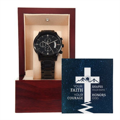 Christian Black Chronograph Watch – “Your Faith Shapes Your Path” | Motivational Faith Gift for Men, Husband, Dad, Son & Pastor