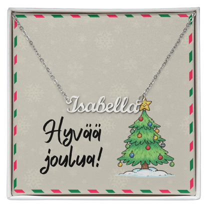 Finnish Christmas custom name necklace displayed in gift box