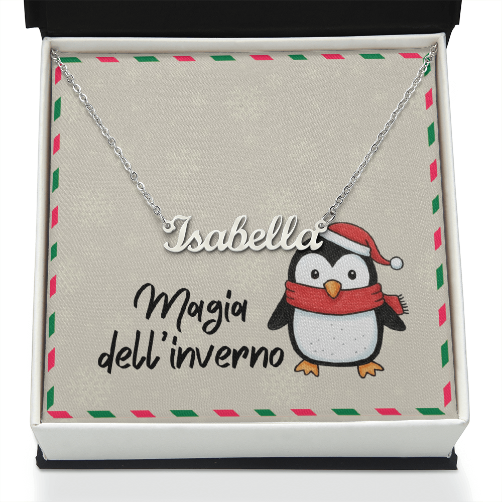 Italian winter custom name necklace displayed in gift box