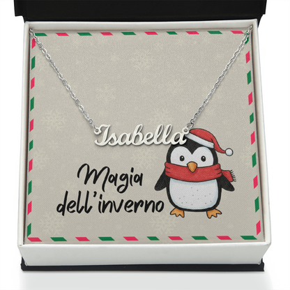 Italian winter custom name necklace displayed in gift box