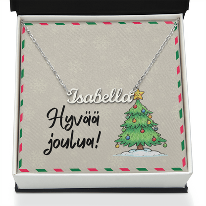 Personalized cursive name necklace with holiday Finnish message