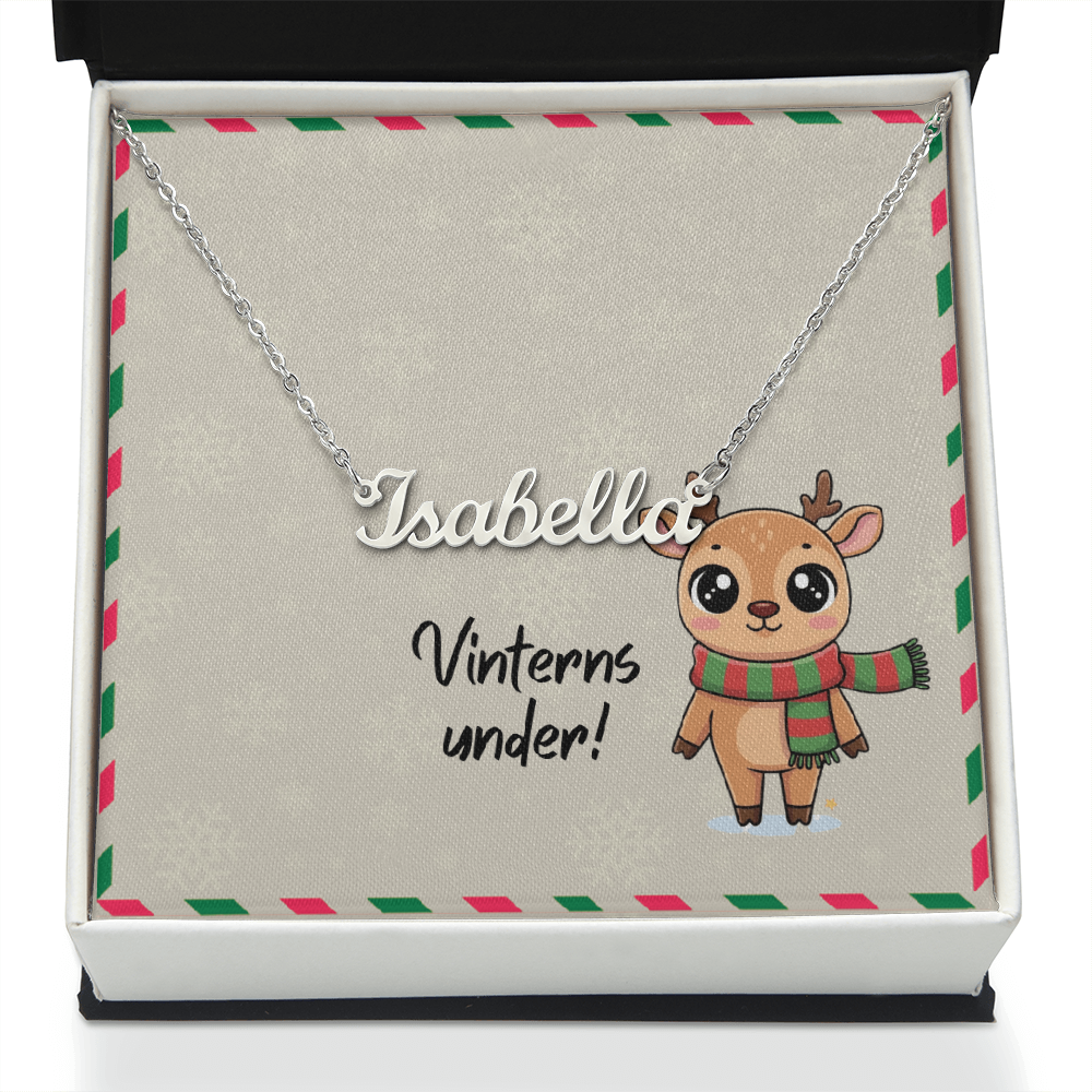 Swedish winter custom name necklace on display card