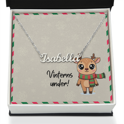Swedish winter custom name necklace on display card