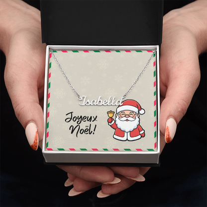 Close-up of Joyeux Noël cursive name necklace on gift card